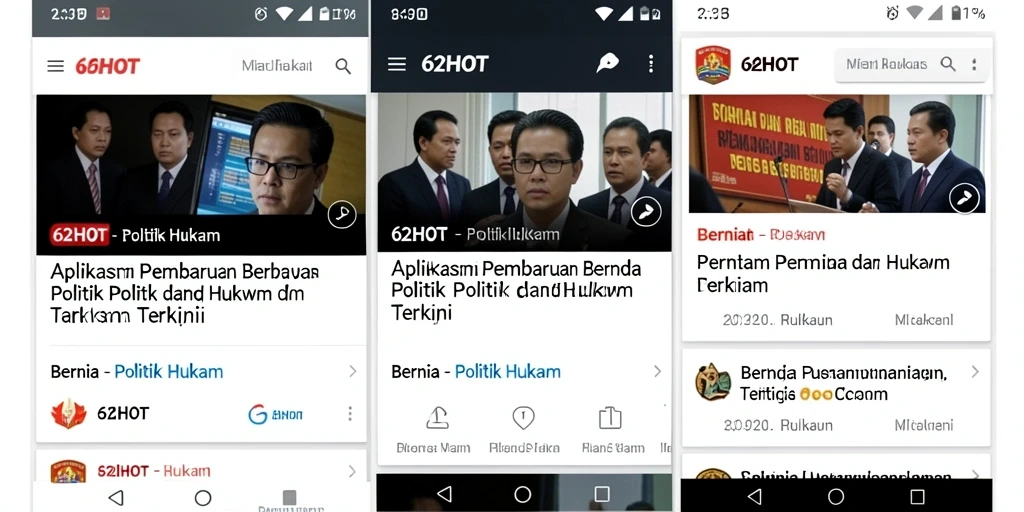Tampilan antarmuka aplikasi 62HOT dengan berita politik dan hukum.