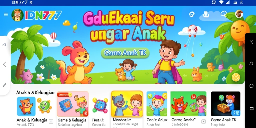 Antarmuka aplikasi IDN777 yang ceria dan edukatif.