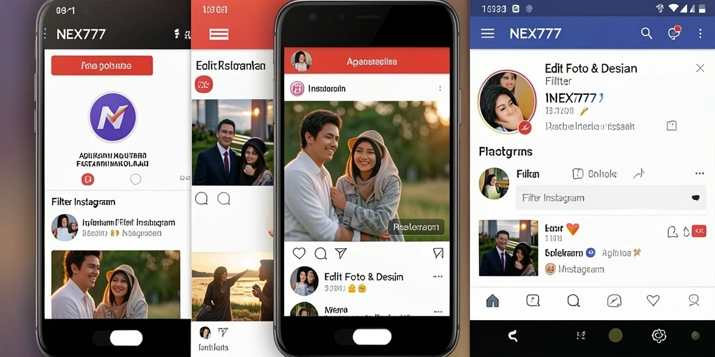 Tampilan antarmuka aplikasi NEX777 dengan berbagai filter Instagram.